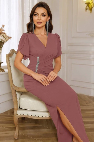 Kadın Kısa Kollu Kruvaze Yakalı Belden çiçek Aksesuarlı Yırtmaçlı Ithal Krep Elbise - Resim 3