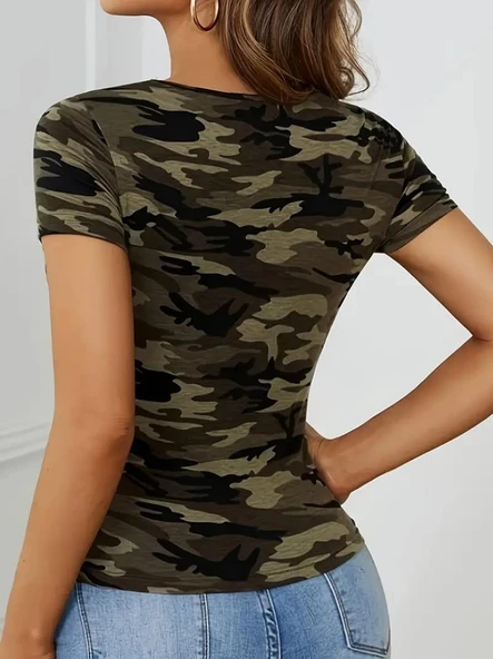 Kadın Kısa Kollu Bisiklet Yaka Dekolteli Süprem Bluz - Resim 6