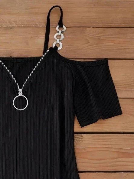 Kadın Askılı önü Fermuarlı Asimetrik Kesim Detaylı Kalın Fitilli Kaşkorse Elbise - Resim 2