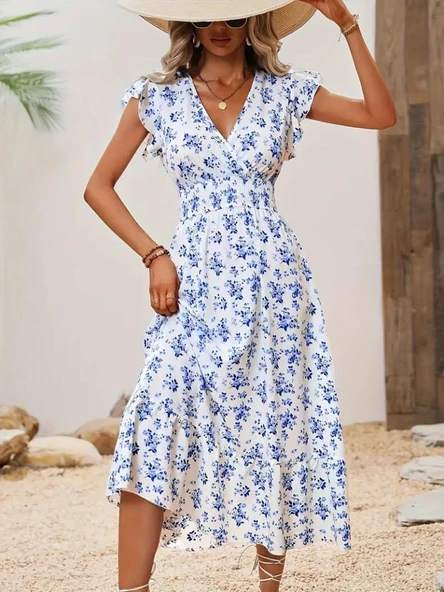 Kadın Kısa Kollu Kruvaze Yakalı Beli Lastikli çiçek Desenli Elbise - Resim 5