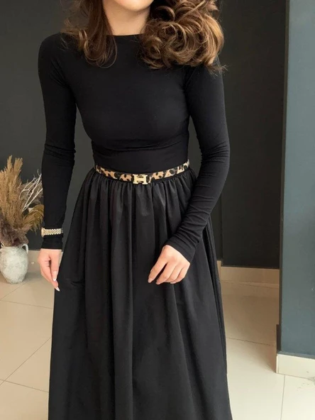 Kadın Uzun Kollu Bisiklet Yaka Uzun üst Viskon Alt Trikoton Elbise - Resim 9