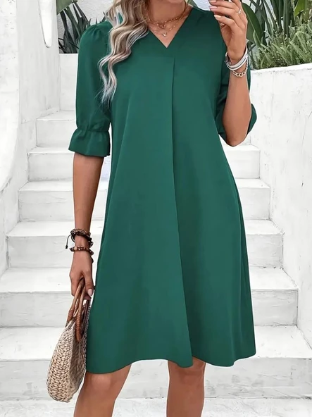 Kadın Kısa Kollu V Yakalı Salaş Janjan Krep Elbise - Resim 5