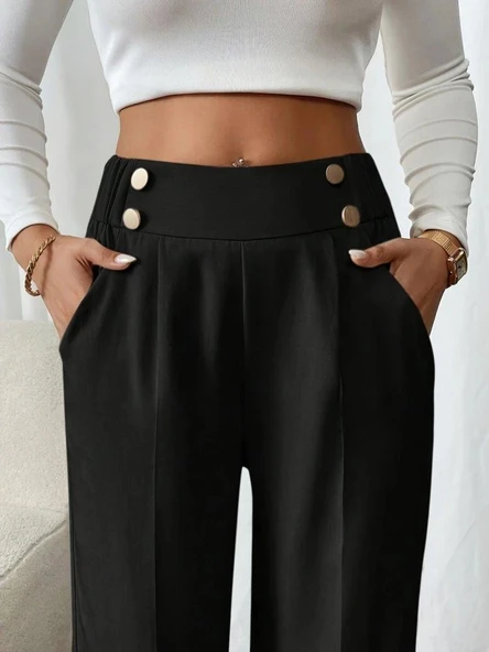 Kadın Beli Lastikli Düğmeli Ithal Krep Pantolon - 2