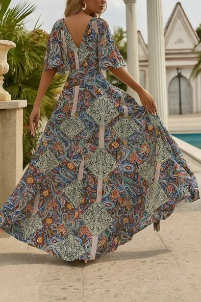 Kadın Kısa Kollu V Yakalı Desenli Süprem Elbise - Resim 2