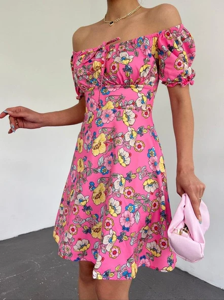 Yakası Lastikli Bağcık Detaylı Mini Elbise -Pembe ürün görseli