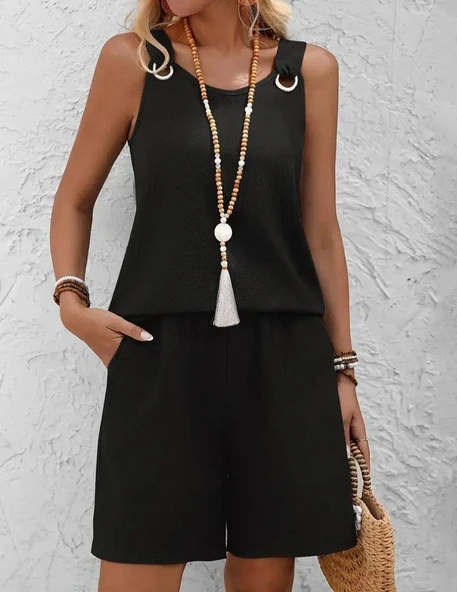 Kadın Askılı Yuvarlak Yaka Kuş Gözü Detaylı Bürümcük Bluz Ve Short Ikili Takım - Resim 5