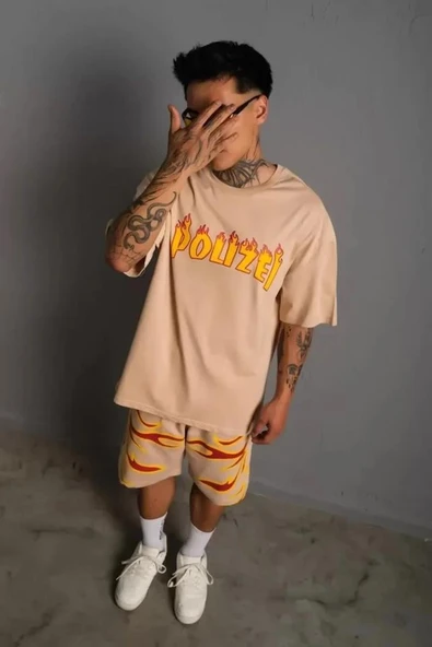 Erkek Alev Baskılı İkili Şortlu Takım - Bej ürün görseli