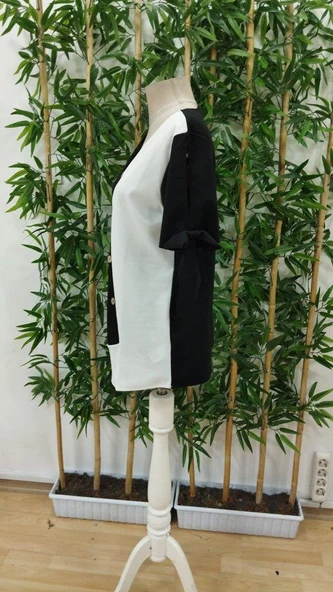 Kadın Kısa Kollu Kollardan Bağlamalı önden Asimetrik Kesim çift Renk Detaylı Düğmeli Ithal Krep Bluz - Resim 8