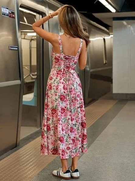 Kadın Askılı Geniş V Yakalı Sırttan Bağlamalı Yırtmaçlı Süprem Elbise - Resim 3