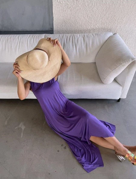 Kadın çan Dokuma Kumaş V Yaka Asimetrik Kesim Elbise - Resim 7