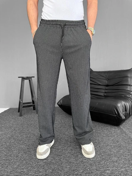 Su Yolu Çizgili Cepli Pantalon - Siyah ürün görseli