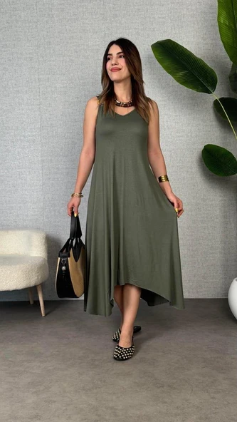 Kadın çan Dokuma Kumaş V Yaka Asimetrik Kesim Elbise ürün görseli
