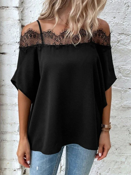 Kadın Askılı Dantel Janjan Krep Bluz - Resim 5