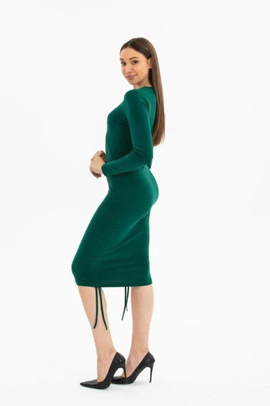 Kadın Uzun Kol Büzgü Detaylı Sandy Kumaş Ayarlanabilir Boy Fırsat Ürün Elbise - Resim 5