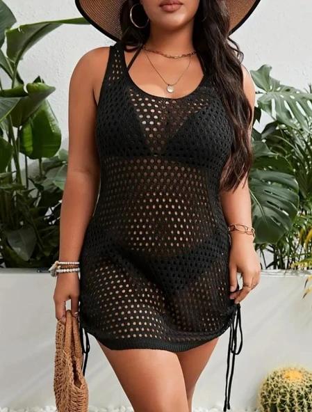 Kadın Askılı Eteği Büzgü Bağlama Detay Delikli örme Triko Pareo Elbise - Resim 9