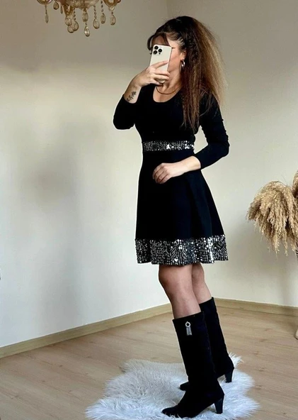 Kadın Bisiklet Yaka Beli Ve Eteği Pul Payet Detay Fırsat ürün Diz üstü Elbise - Resim 5