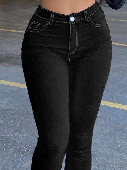 Kadın Yüksek Bel önden Düğmeli Dar Kesim Kot Pantolon - Resim 5