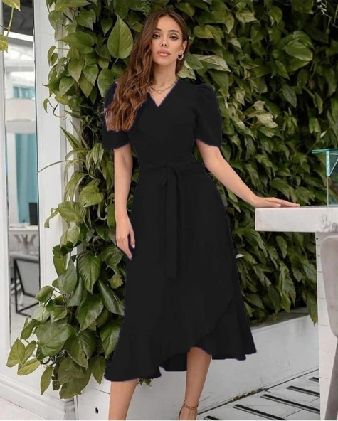 Kadın Kruvaze Yaka Midi Boy Kuşaklı Krep Elbise 120 Cm - Resim 6