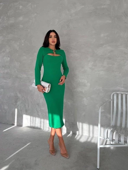 Kadın Uzun Kollu Halka Ve Pencere Dekolte Detay Fırsat ürün Midi Boy Elbise - Resim 2