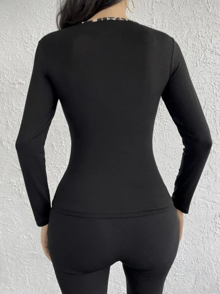 Kadın Uzun Kollu Leopar şeritli Viskon Bluz - Resim 5