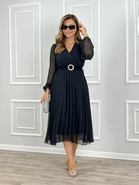 Kadın şifon Kumaş Astalı Kloş Kesim Kruvaze Yaka Midi Boy Elbise - Resim 3