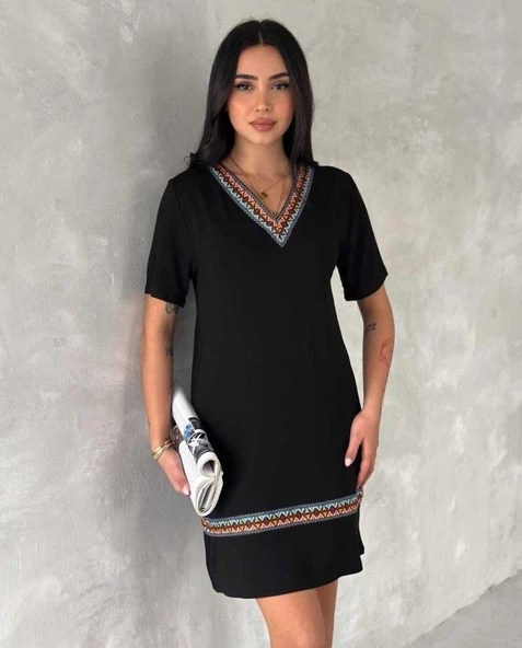 Kadın Kısa Kollu V Yakalı Etnik Desen şerit Detaylı Viskon Elbise - Resim 9