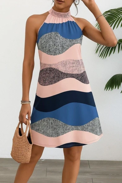 Kadın Kolsuz Boyundan Askılı Desenli Midi Süprem Elbise - Resim 4