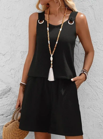 Kadın Askılı Yuvarlak Yaka Kuş Gözü Detaylı Bürümcük Bluz Ve Short Ikili Takım ürün görseli