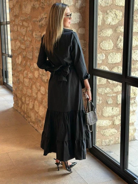 Kadın Uzun Kollu Eteği Fırfırlı Beli Kuşaklı Trikoton Tam Boy Gömlek Elbise - Resim 7