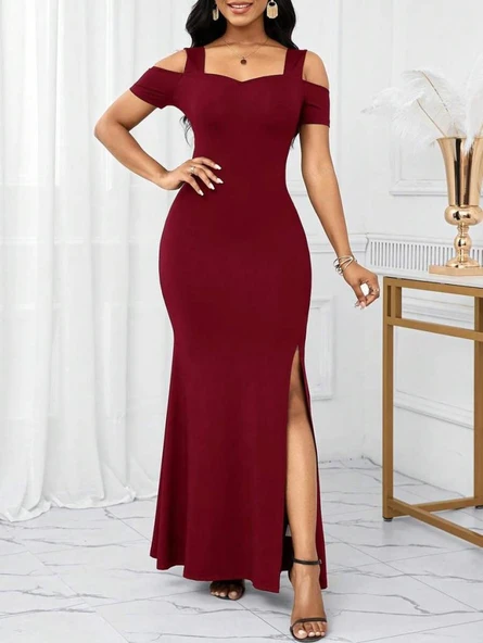 Kadın Omuzlardan Açık Askılı Yırtmaç Detaylı Uzun Ithal Krep Elbise - Resim 3