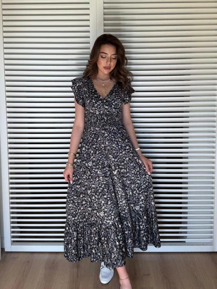 Kadın Kısa Kollu Kruvaze Yaka Beli Lastikli çiçek Desenli Elbise - Resim 3