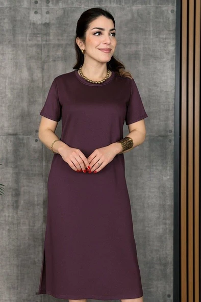 Kadın Kısa Kollu Bisiklet Yaka Yırtmaçlı Viskon Iki Iplik Elbise - Resim 2