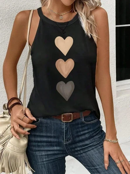 Kadın Omuzlardan Açık Boyundan Askılı Kalp Baskılı Viskon Bluz ürün görseli