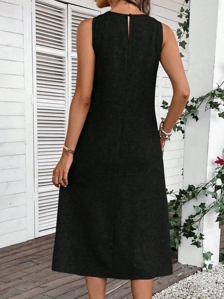 Kadın Kolsuz Bisiklet Yaka Cepli Midi Keten Elbise - Resim 3