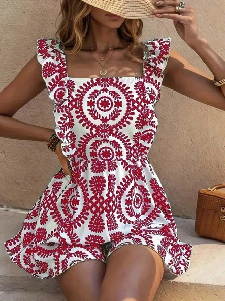 Kadın Askılı Kare Yakalı Arkadan Bağcıklı Desenli Keten Tulum ürün görseli