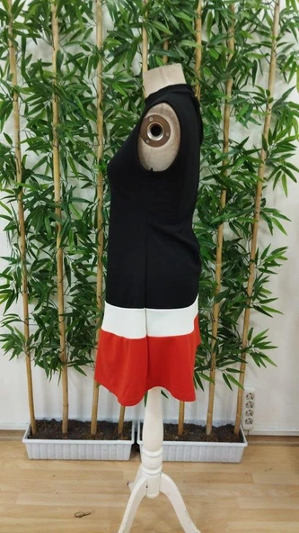 Kadın Sıfır Kol Yarı Balıkçı Yaka şerit Detaylı Ithal Krep Elbise - Resim 7