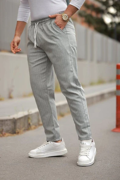 Erkek Beli Bağcıklı çizgili Pantolon - Resim 2