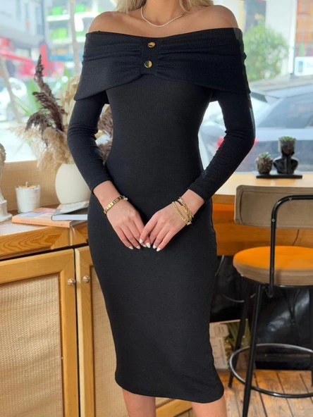 Kadın Madonna Yaka Düğme Detay Fırsat ürün Midi Boy Elbise ürün görseli