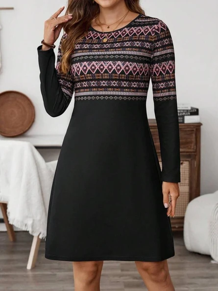 Kadın Uzun Kollu Bisiklet Yaka Etnik Desenli Kısa şardonlu Dalgıç Elbise - Resim 3