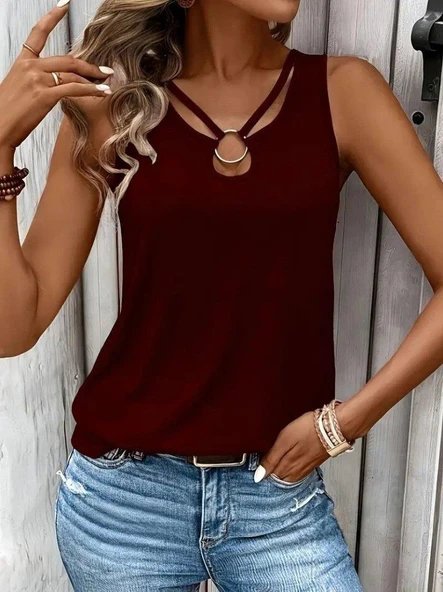 Kadın Askılı Yaka şerit Halka Detaylı Viskon Bluz - Resim 2