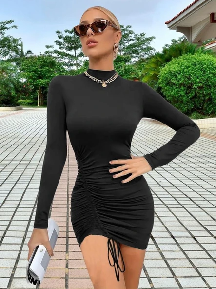 Kadın Uzun Kol Sağ Belden Sol Etek Ucuna Doğru Hafif çapraz Büzgülü Sandy Mini Boy Elbise - Resim 2