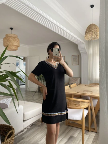 Kadın Kısa Kollu V Yakalı Etnik Desen şerit Detaylı Viskon Elbise - Resim 7