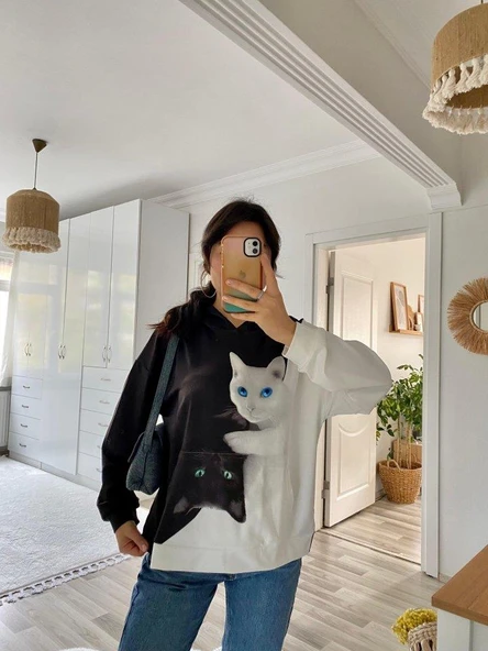 Kadın Uzun Kollu Kapşonlu Bağcıklı Kedi Desenli şardonlu Dalgıç Bluz - Resim 7