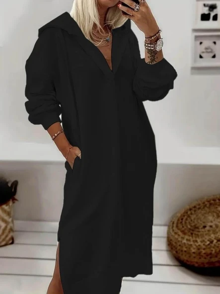 Kadın Uzun Kollu Kapüşonlu Yakası Açık Modal Elbise ürün görseli