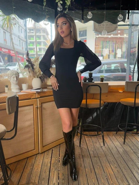 Kadın Kare Yaka Kolları Tül Sandy Kumaş Fırsat ürün Mini Siyah Elbise - Resim 3