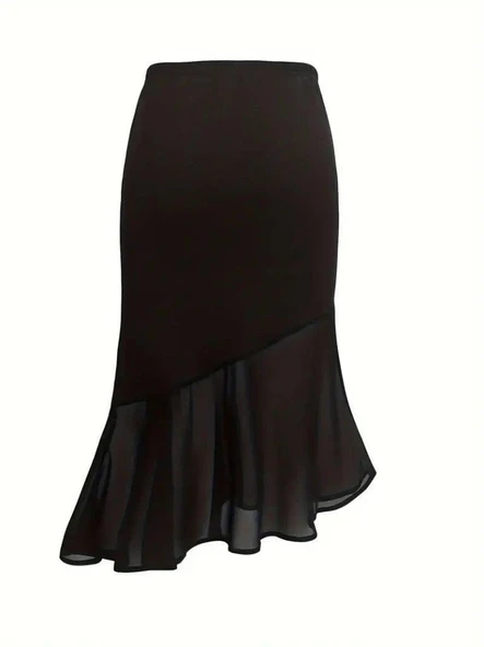 Kadın Yüksek Bel Asimetrik Detaylı Ithal Krep Etek - 5