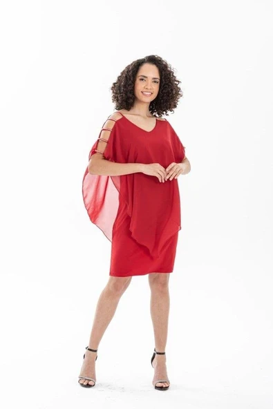 Kadın Omzu Açık V Yaka Şifonlu Sandy Kumaş Fırsat Ürün Diz Üstü Elbise - Resim 5