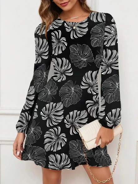 Kadın Uzun Kollu Bisiklet Yaka Desenli Kısa Krep Elbise ürün görseli