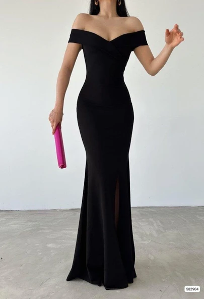 Kadın Dalgıç Kumaş Kayık Yaka Ve Dekolte Detaylı Elbise - Resim 9