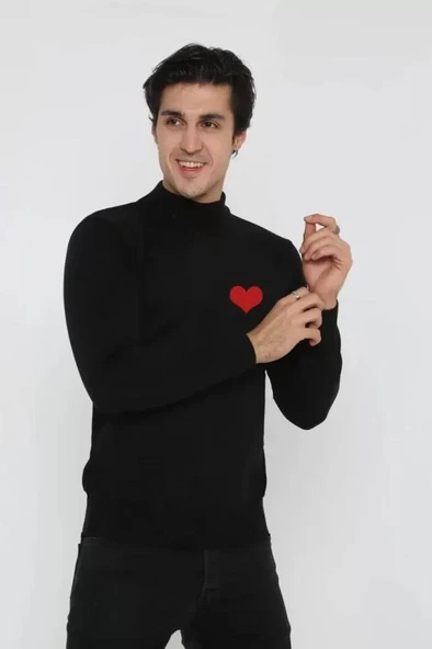 Unisex Yarım Boğazlı Baskılı Dokuma Triko - Siyah ürün görseli